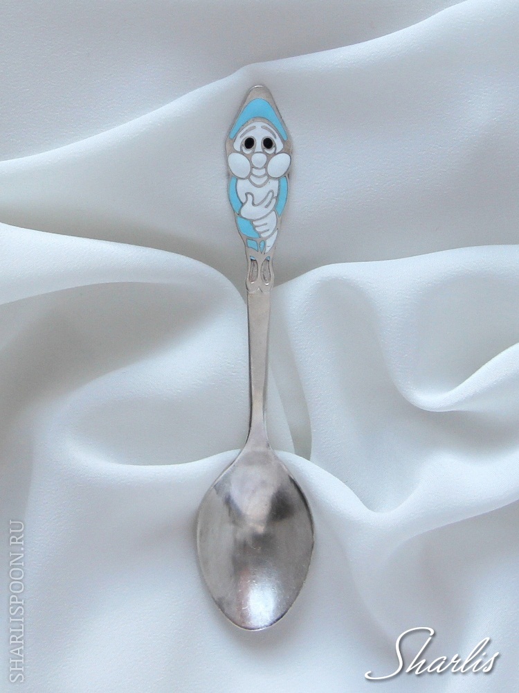 <b>Antique silver souvenir spoon with the image of the finnish gnome in a blue jacket on the enamel.</b><br /> 
 (Click to enlarge image)